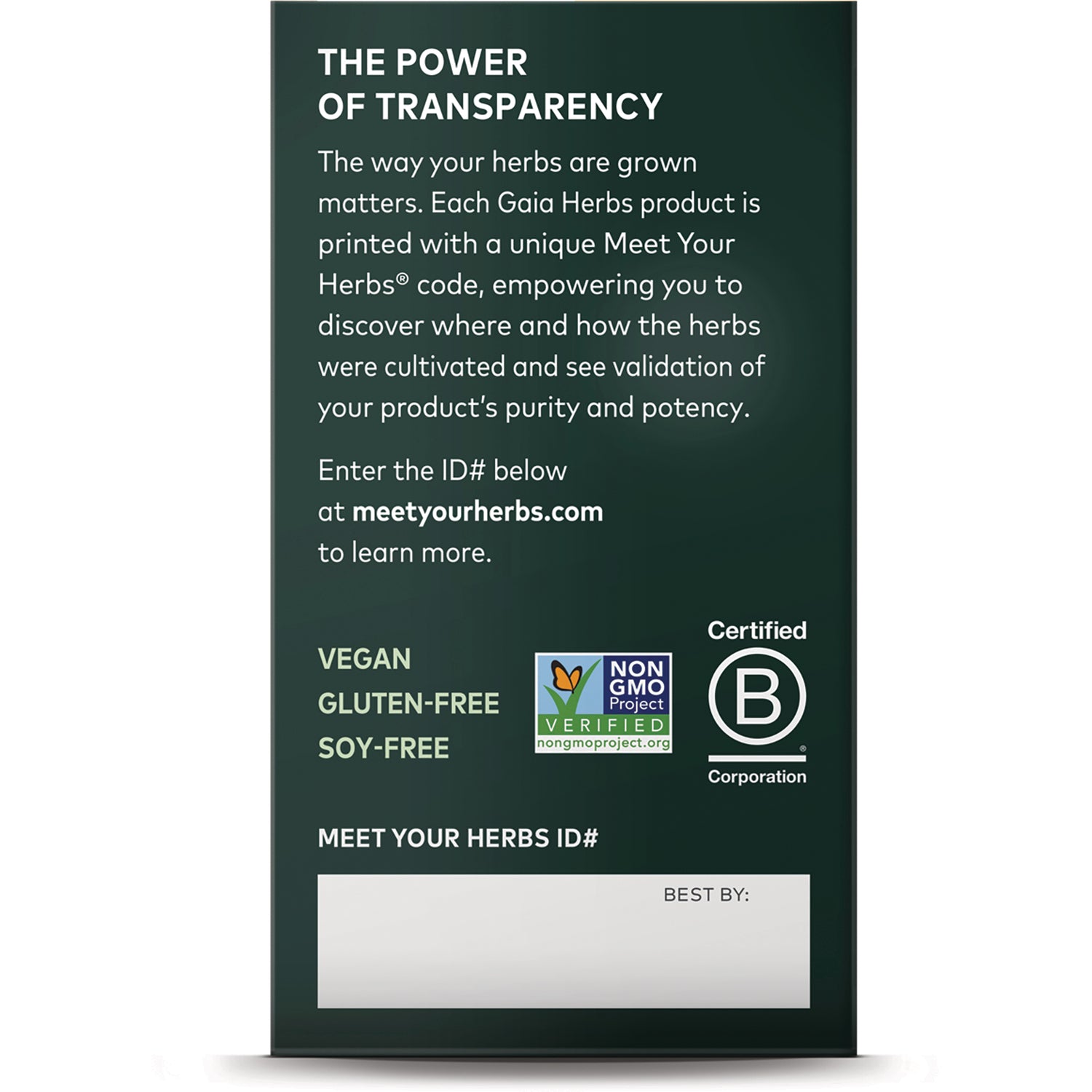 GH156 | Back panel with transparency text, vegan gluten-free soy-free badges, Non-GMO and Certified B logos and Meet Your Herbs ID box
