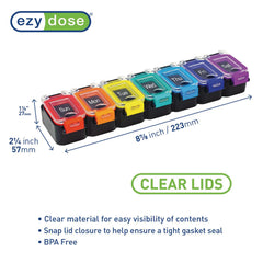 APP10 | Seven-day colorful pill organizer with clear lids labeled SunSat and dimensions 8 in (223 mm)