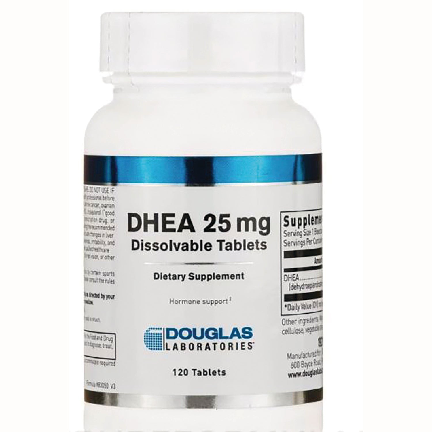 DGL044 | Front label of Douglas Laboratories DHEA 25 mg dissolvable tablets bottle, 120 tablets