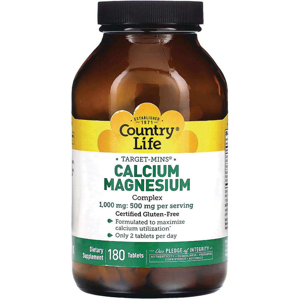 CRL016 | Country Life Calcium Magnesium 180 tablets amber bottle with yellow and green label - Thumbnail