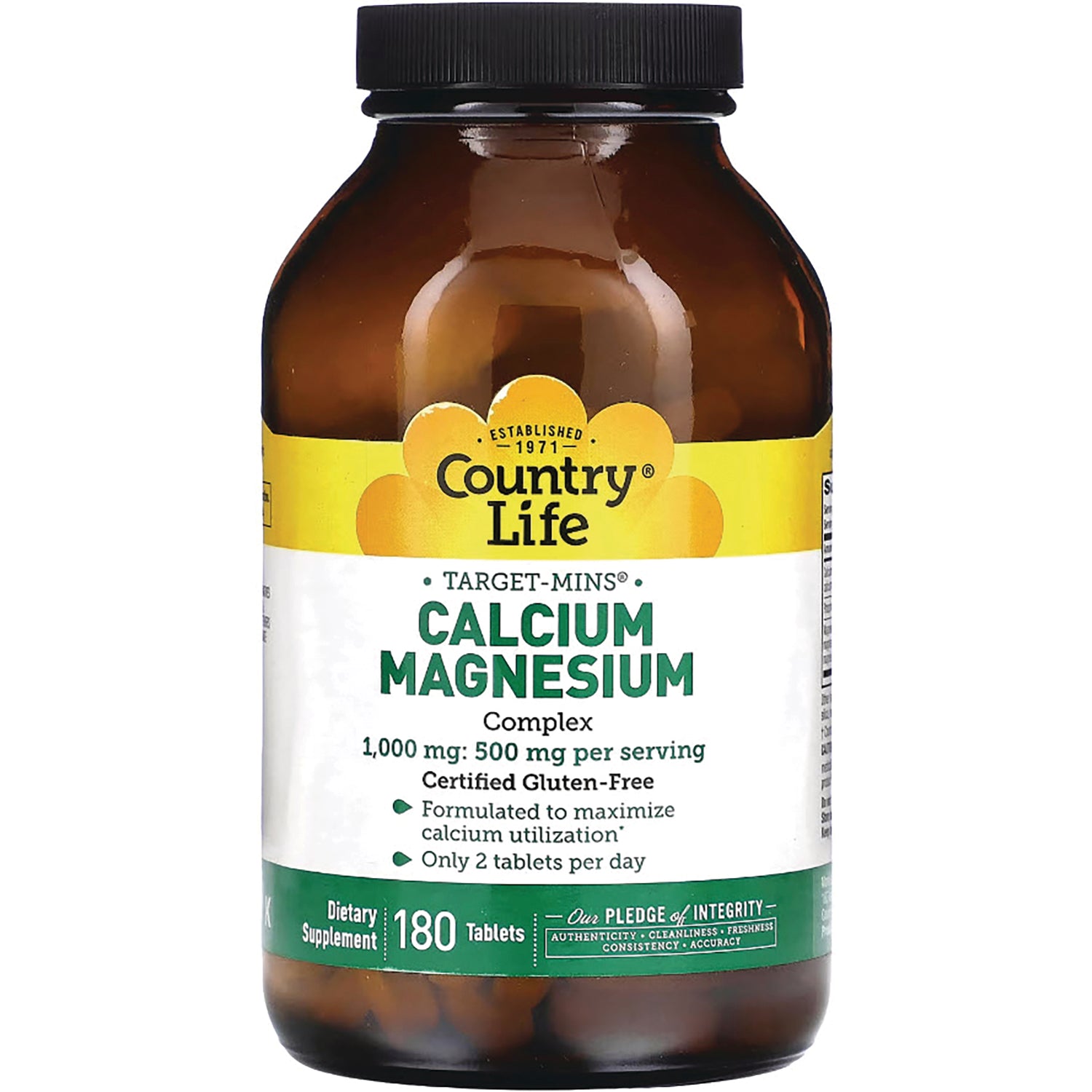 CRL016 | Country Life Calcium Magnesium 180 tablets amber bottle with yellow and green label