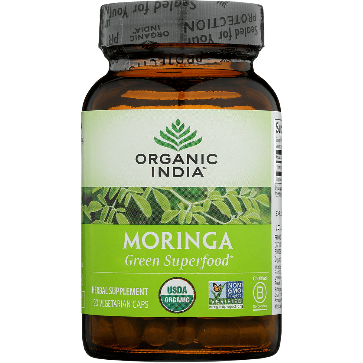 RGN059 | Organic India Moringa Green Superfood bottle, 90 vegetarian caps, front label with USDA Organic and Non GMO logos