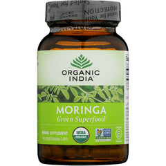 RGN059 | Organic India Moringa Green Superfood bottle, 90 vegetarian caps, front label with USDA Organic and Non GMO logos