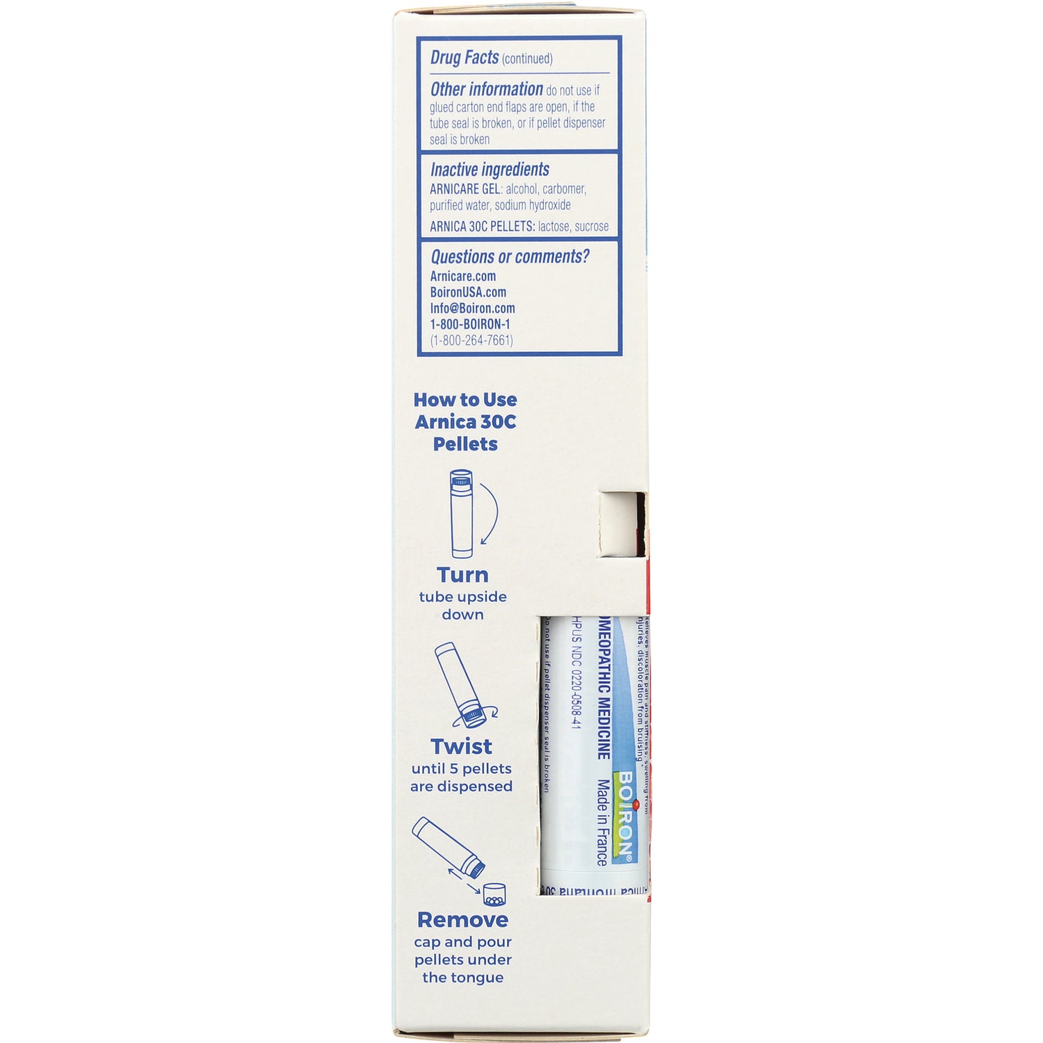 BRN006 | back panel showing How to Use Arnica 30C Pellets instructions and inactive ingredients
