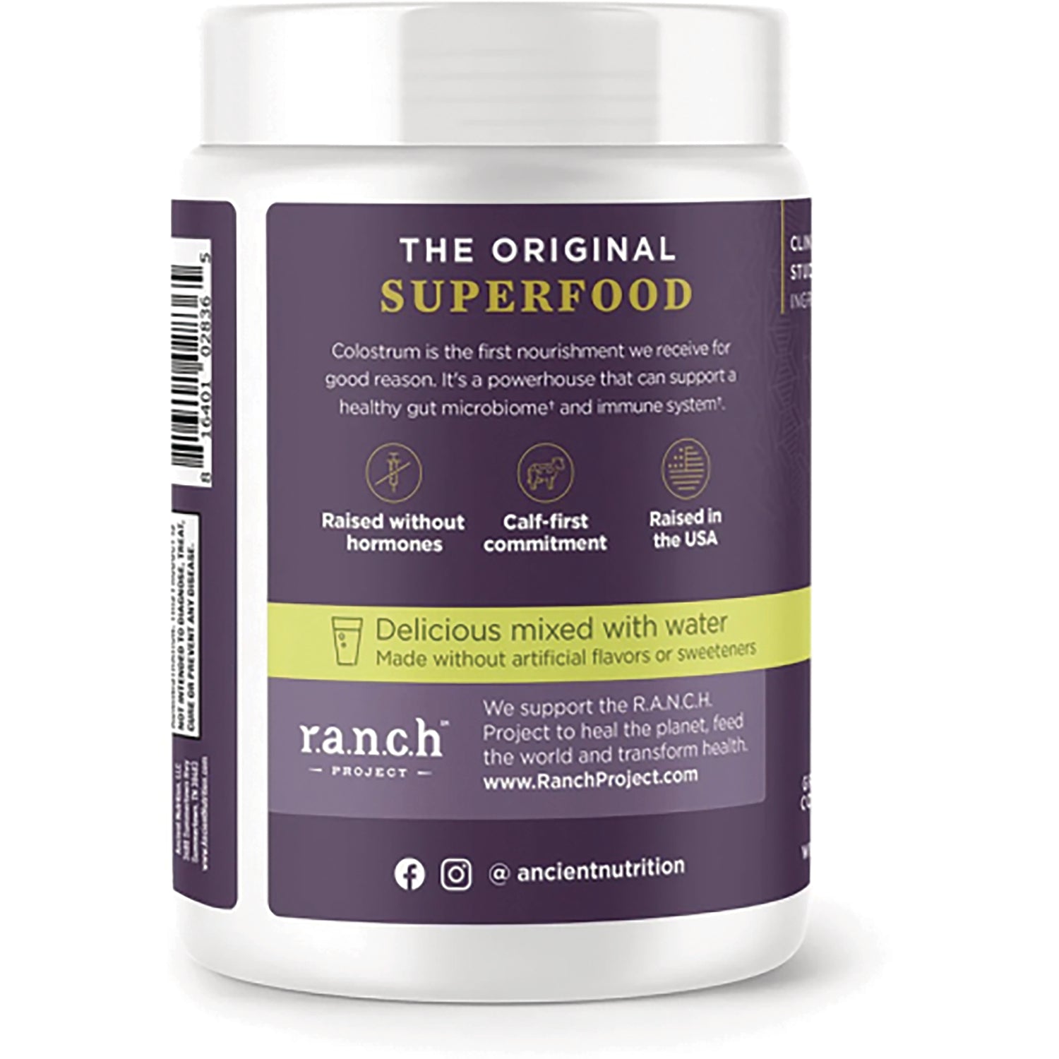 ATN149 | Back label of supplement jar reading 'THE ORIGINAL SUPERFOOD', icons, 'Delicious mixed with water' and r.a.n.c.h project info