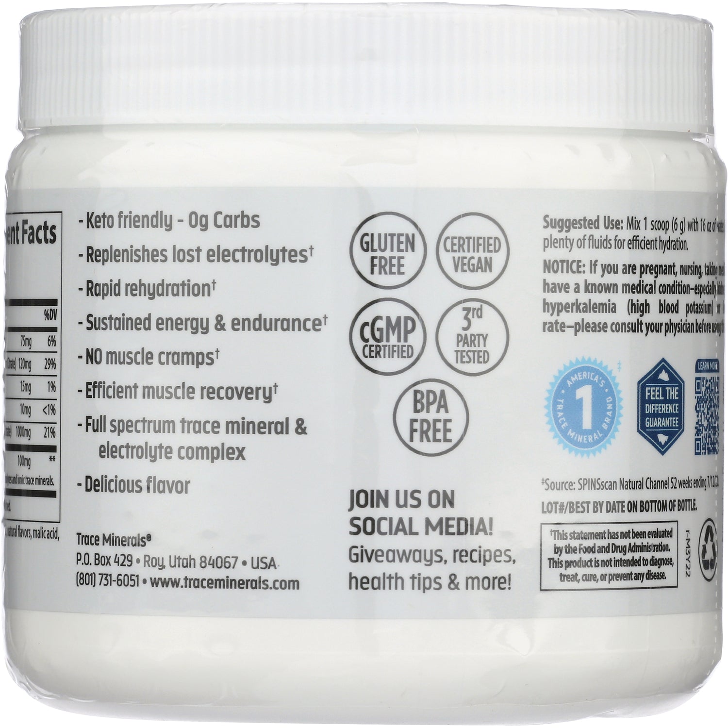 TM100 | Benefits panel: keto friendly 0g carbs, electrolyte support; icons Gluten Free, Vegan, BPA Free