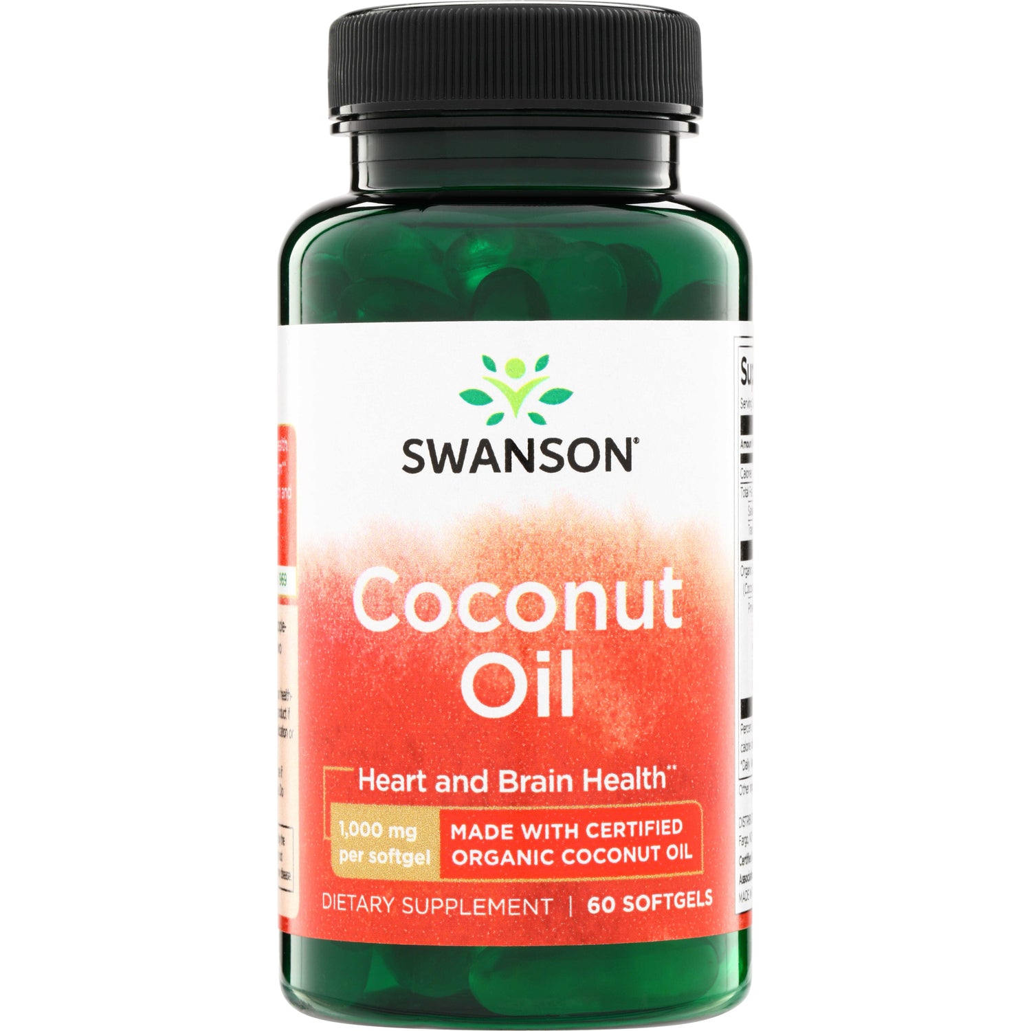 SWE045 | Swanson Coconut Oil softgels, 1,000 mg per softgel, made with certified organic coconut oil, 60 softgels
