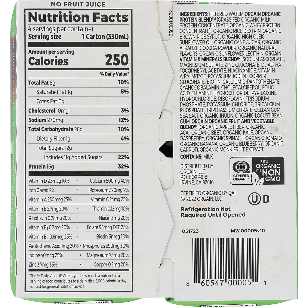 OGN001 | Back of carton showing Nutrition Facts panel, ingredients list, certifications, and barcode - Thumbnail