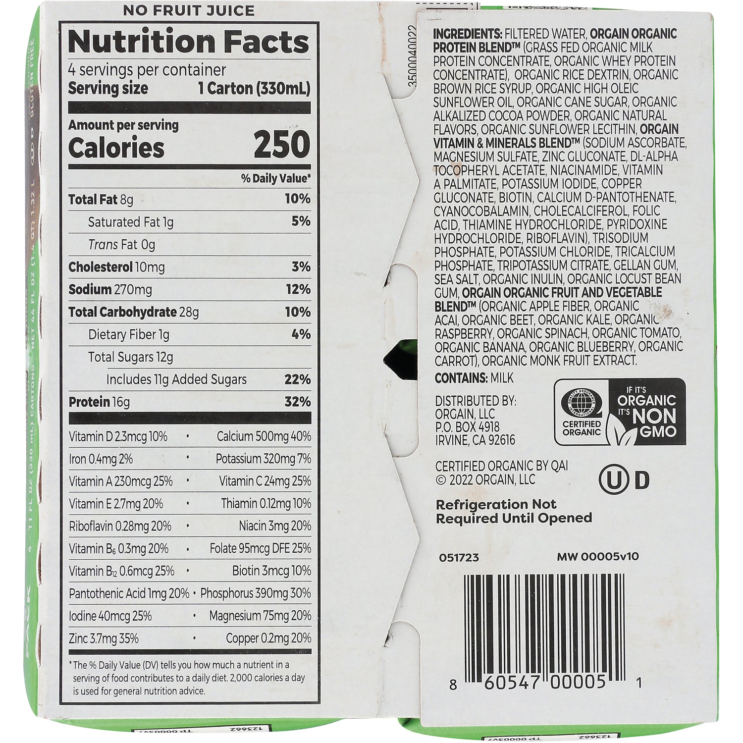 OGN001 | Back of carton showing Nutrition Facts panel, ingredients list, certifications, and barcode
