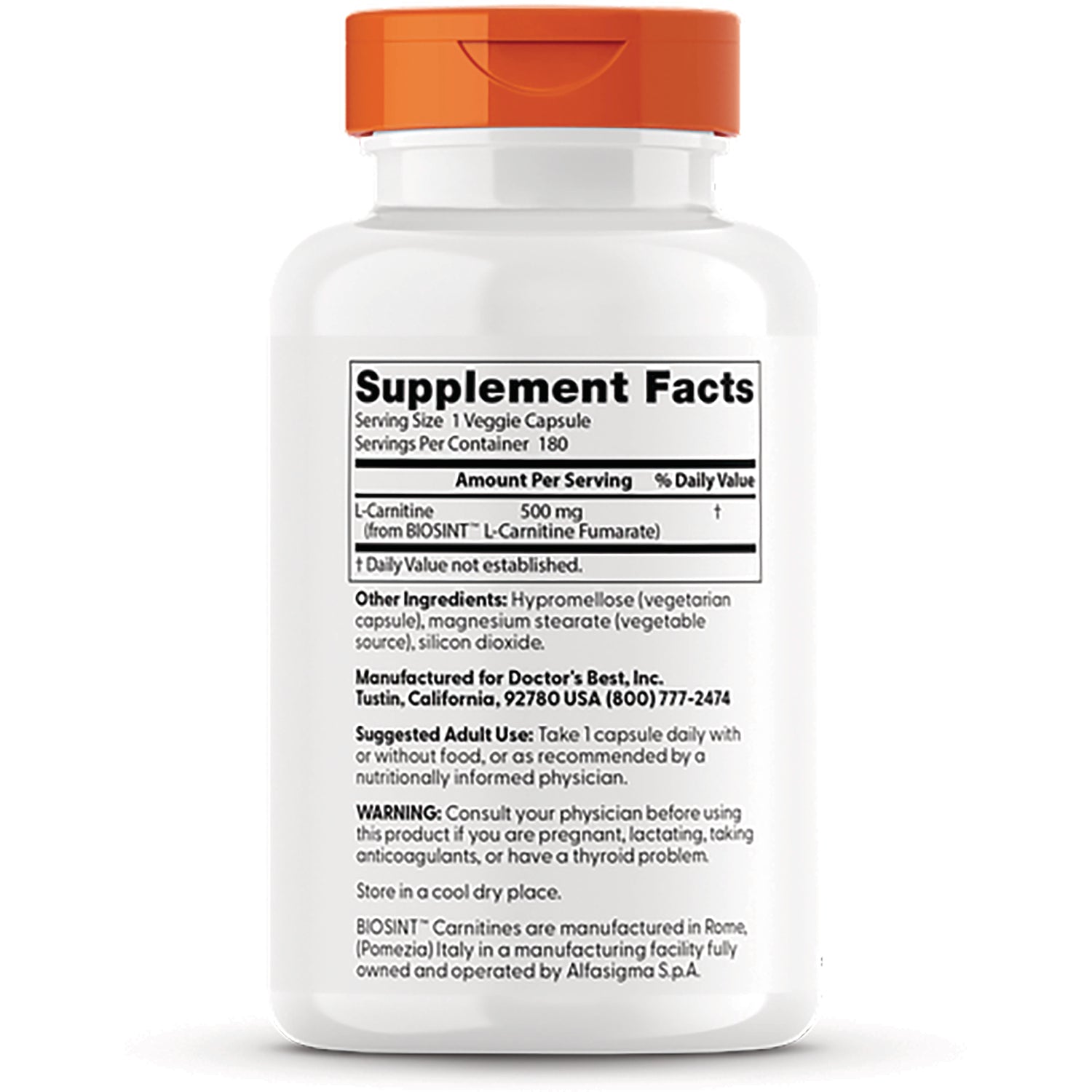 White supplement bottle back showing Supplement Facts panel, ingredient list, suggested use and warning text