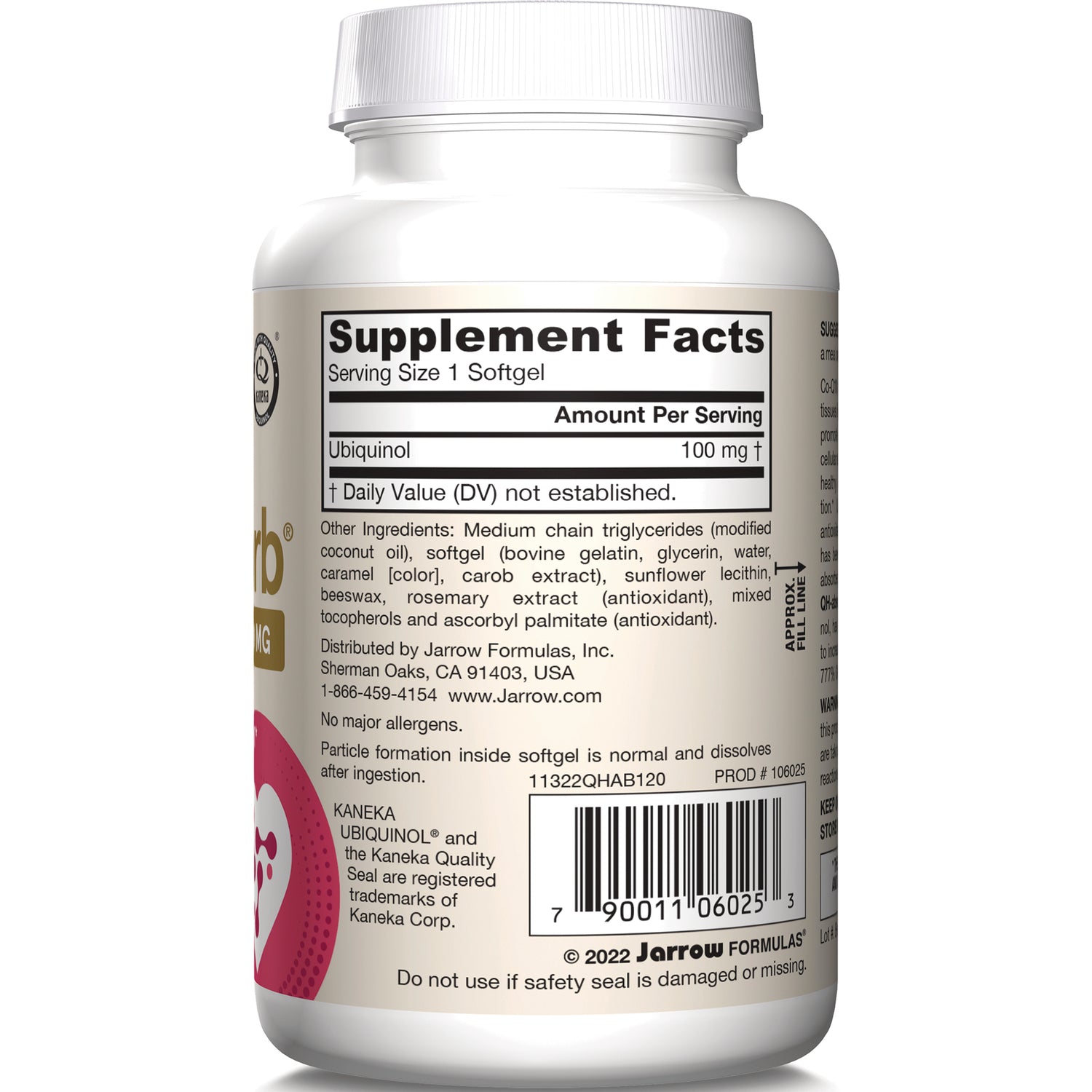 JR223 | back label showing Supplement Facts: Serving Size 1 Softgel, Ubiquinol 100 mg, ingredients and barcode