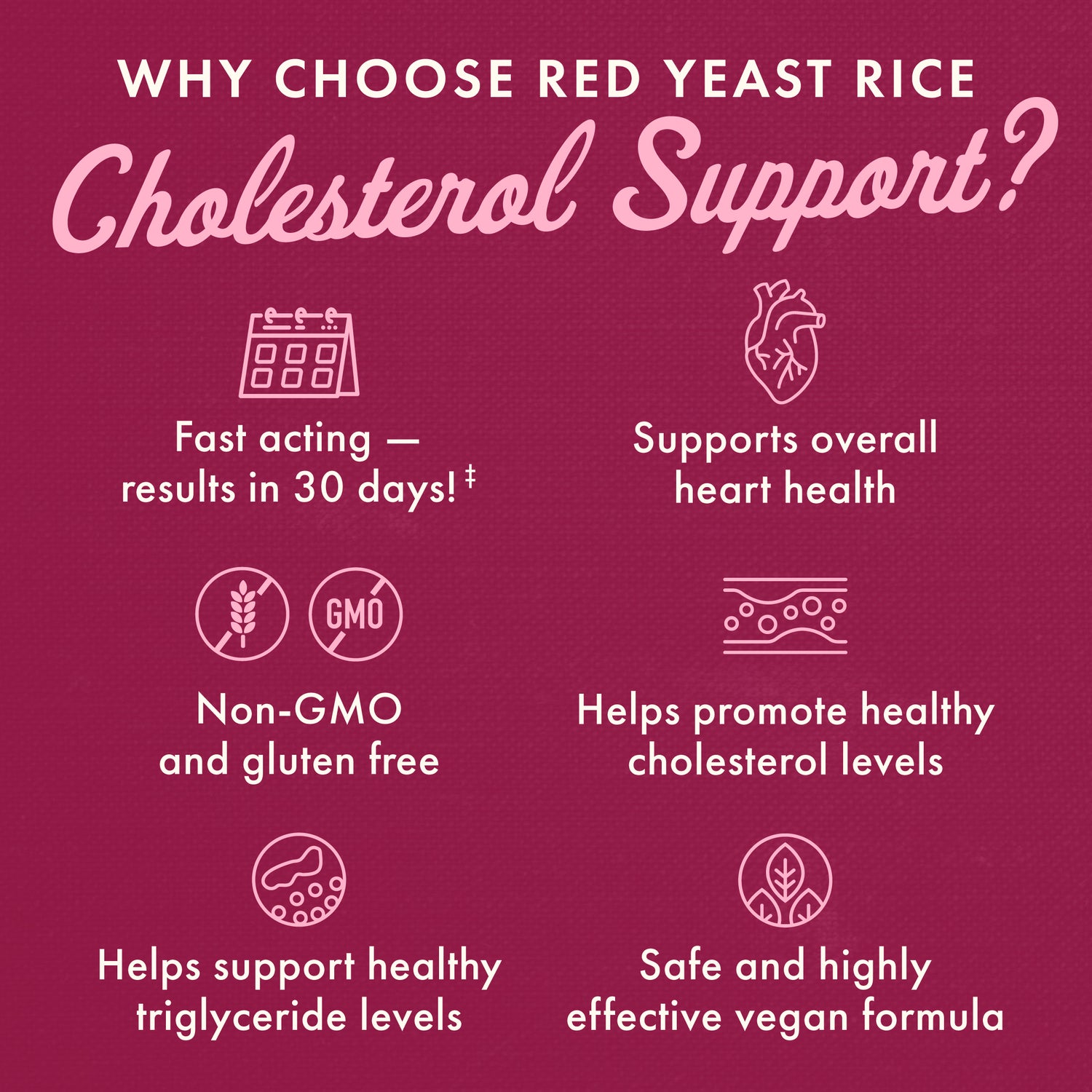 SW1917 | Red yeast rice infographic: 30-day results, supports heart health, non-GMO gluten free, promotes healthy cholesterol and triglycerides, vegan formula