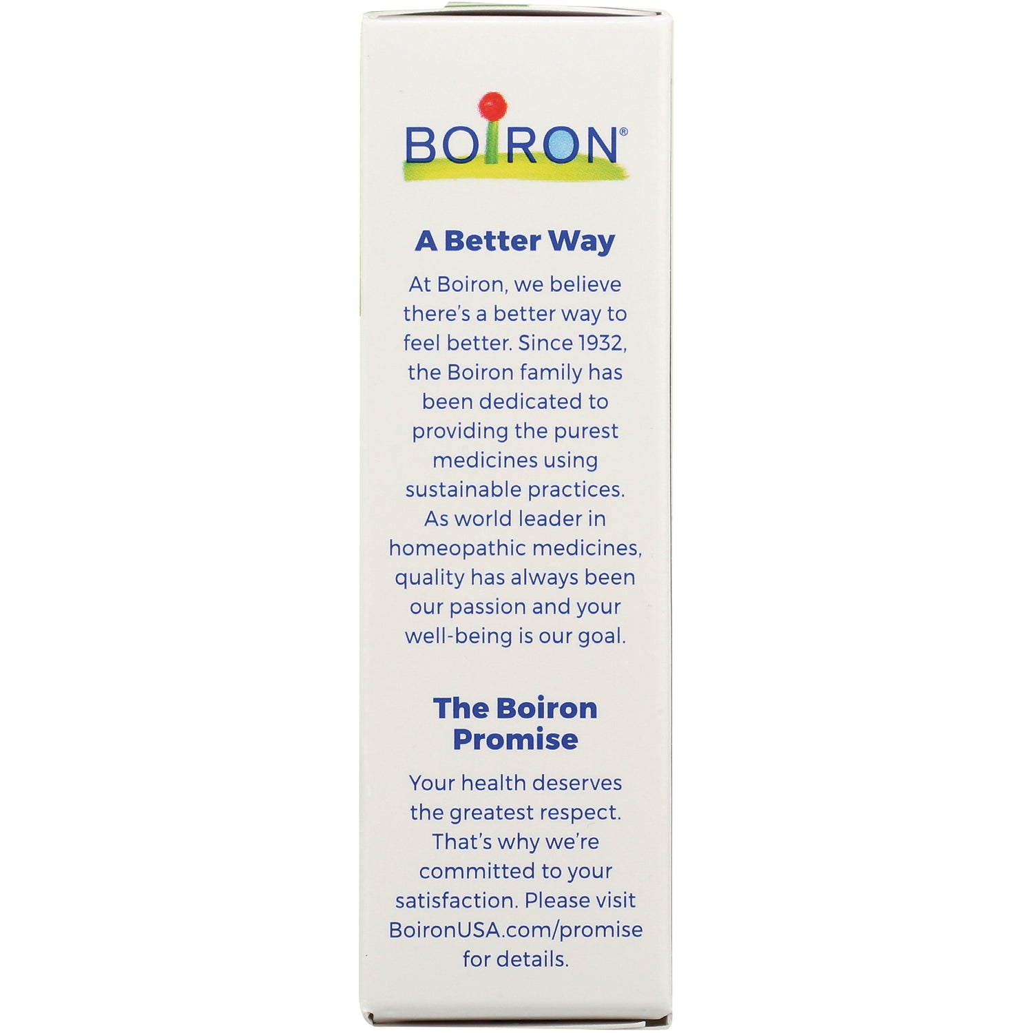 BRN026 | side panel of Boiron product box showing A Better Way and The Boiron Promise text
