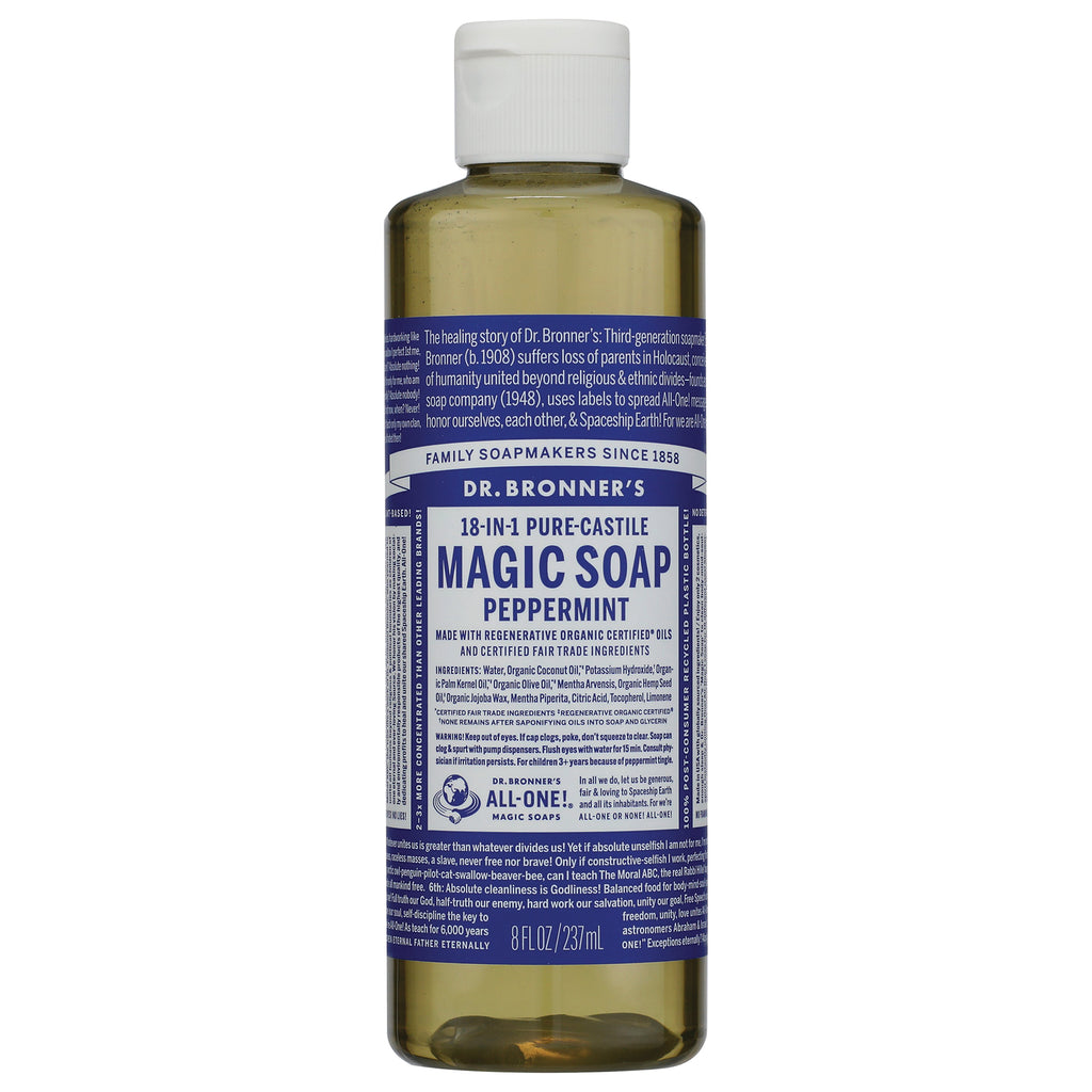DRB009 | Dr. Bronner's 8 fl oz MAGIC SOAP Peppermint bottle front label - Thumbnail