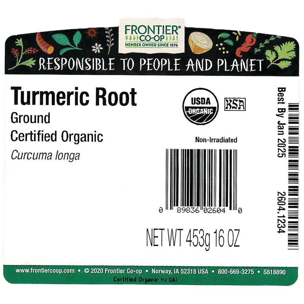 FNP037 | Back label of Frontier Co-op Turmeric Root ground certified organic with barcode and NET WT 453g 16 OZ - Thumbnail