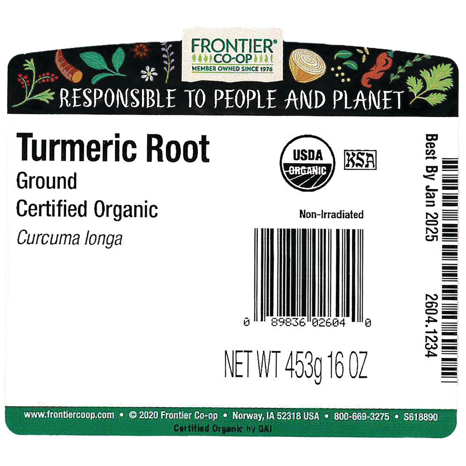 FNP037 | Back label of Frontier Co-op Turmeric Root ground certified organic with barcode and NET WT 453g 16 OZ