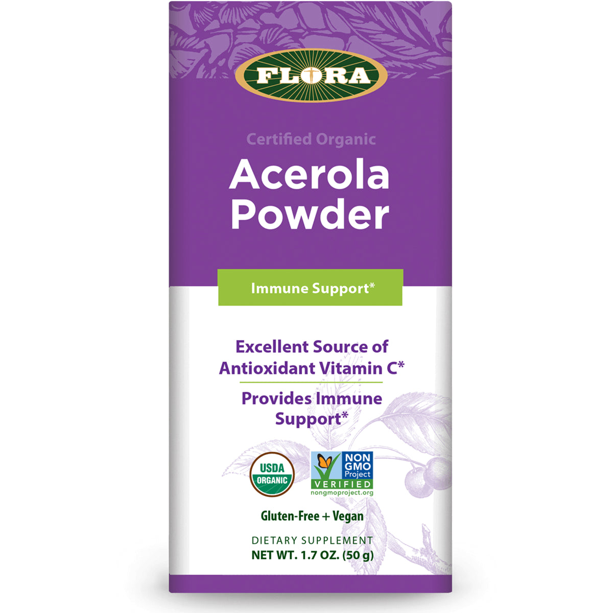 FL094 | Flora Acerola Powder front packaging labeled Immune Support, USDA Organic and Non-GMO seals