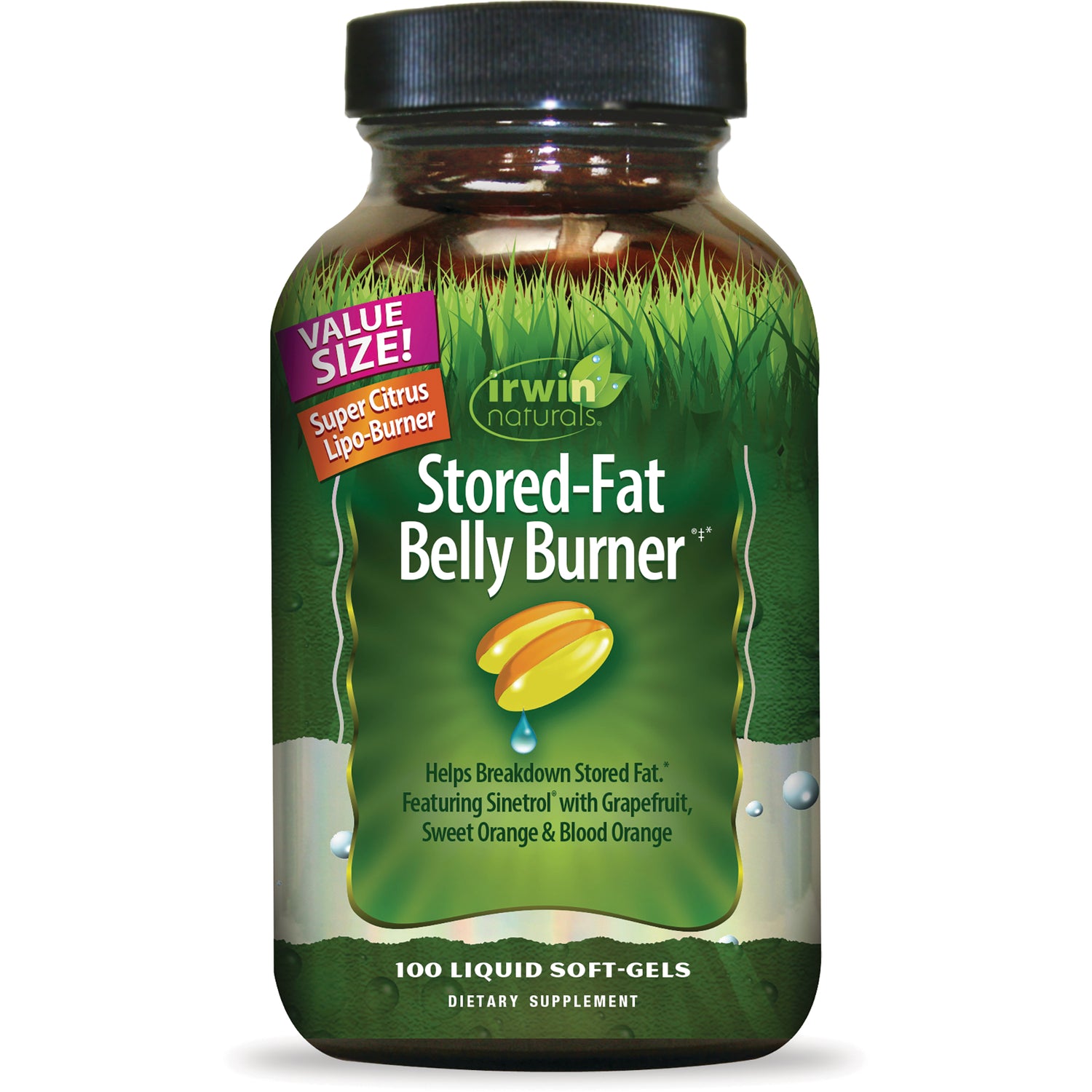 IR264 | Irwin Naturals Stored-Fat Belly Burner brown bottle with green label and depiction of two yellow soft-gels