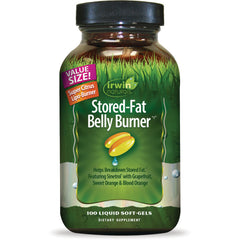IR264 | Irwin Naturals Stored-Fat Belly Burner brown bottle with green label and depiction of two yellow soft-gels
