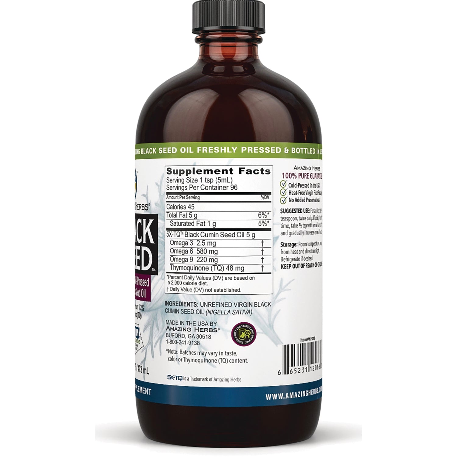 AZH007 | back label showing Supplement Facts, ingredients and barcode on amber supplement bottle