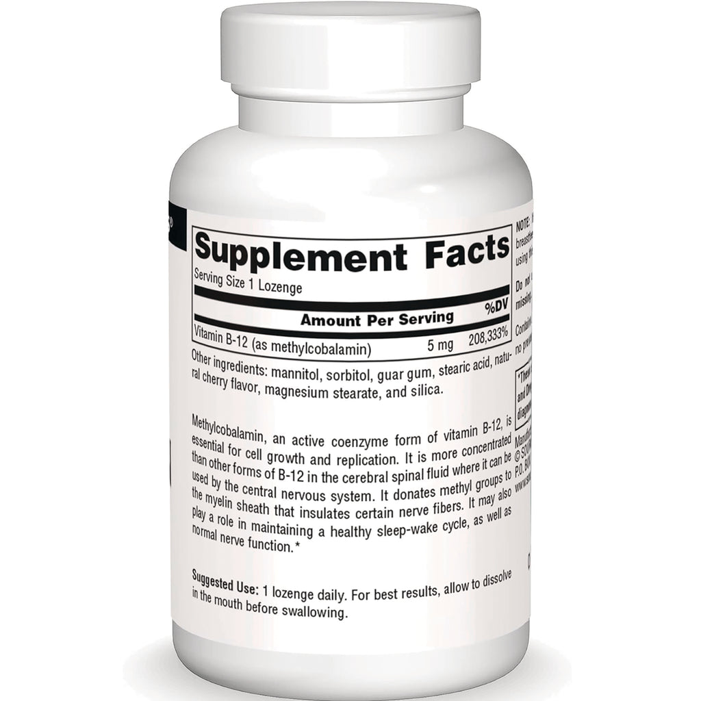 SN354 | Back label with Supplement Facts for Vitamin B-12 (as methylcobalamin) 5 mg, serving size 1 lozenge - Thumbnail
