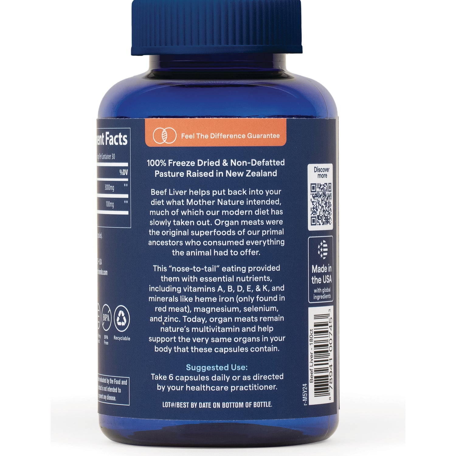TM144 | Back label of blue supplement bottle; text: 100% Freeze Dried & Non-Defatted, Pasture Raised in New Zealand