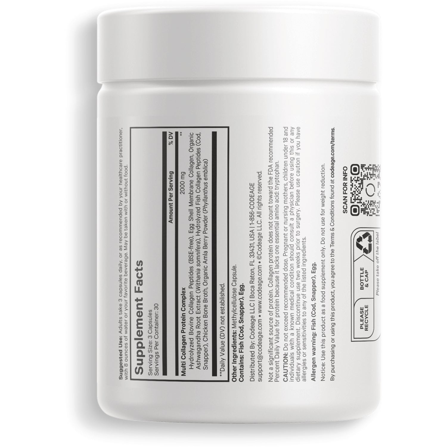 CDG026 | back of white supplement jar showing Supplement Facts panel, ingredient list and recycling icons