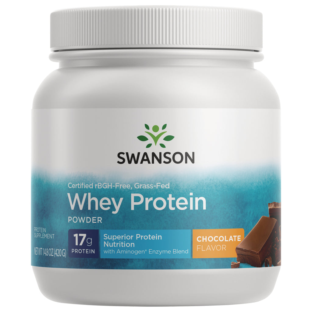 SWU475 | Four Swanson whey protein powder tubs, chocolate flavor, front view || SWU475 | Swanson Whey Protein powder chocolate flavor, two tubs front view || SWU475 | Three Swanson Whey Protein tubs, chocolate flavor front view with 17g protein label - Thumbnail
