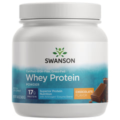 SWU475 | Four Swanson whey protein powder tubs, chocolate flavor, front view || SWU475 | Swanson Whey Protein powder chocolate flavor, two tubs front view || SWU475 | Three Swanson Whey Protein tubs, chocolate flavor front view with 17g protein label