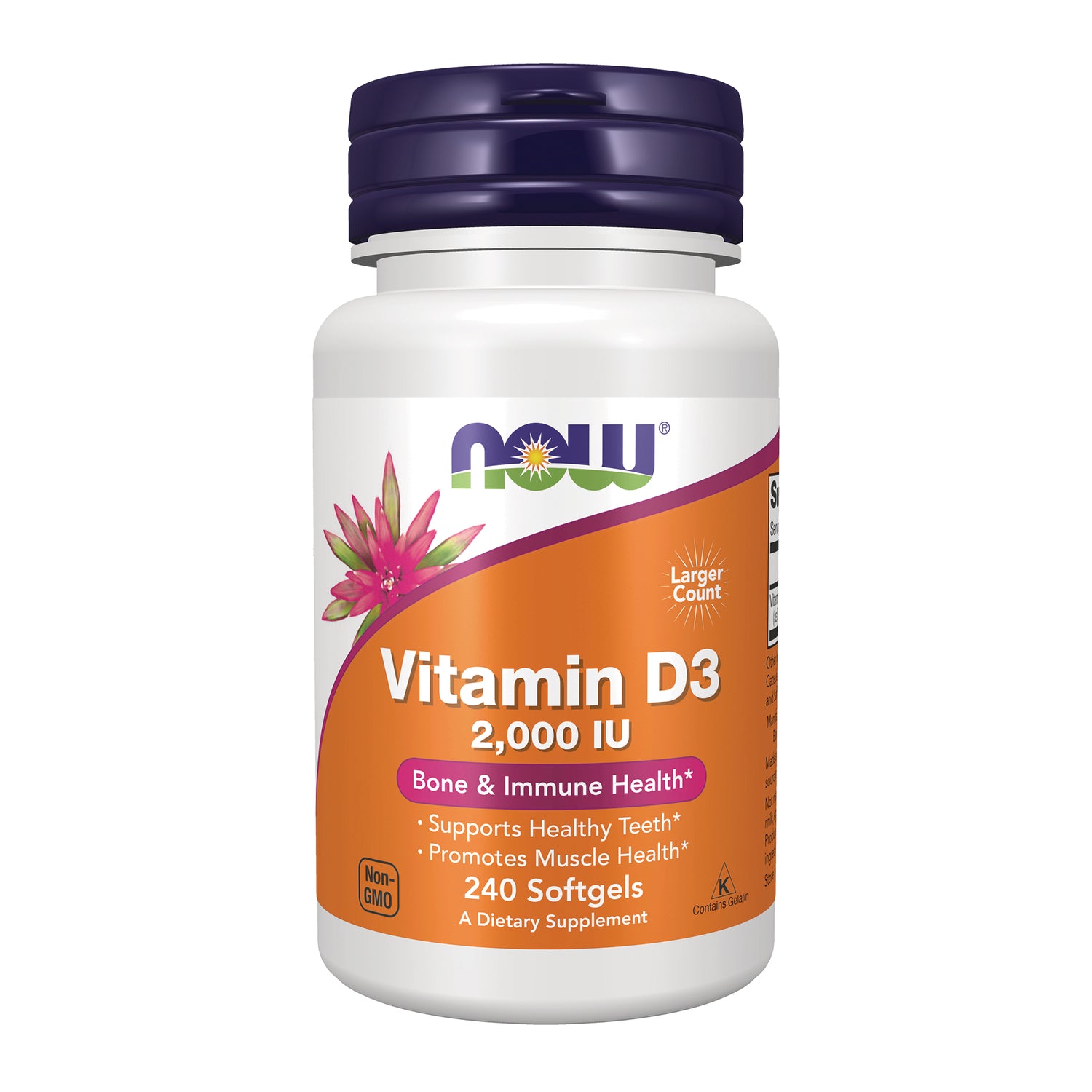 NWF643 | Now High Potency Vitamin D-3 2,000 IU white bottle with orange label, 240 softgels