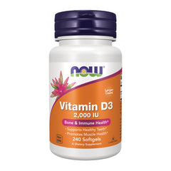 NWF643 | Now High Potency Vitamin D-3 2,000 IU white bottle with orange label, 240 softgels