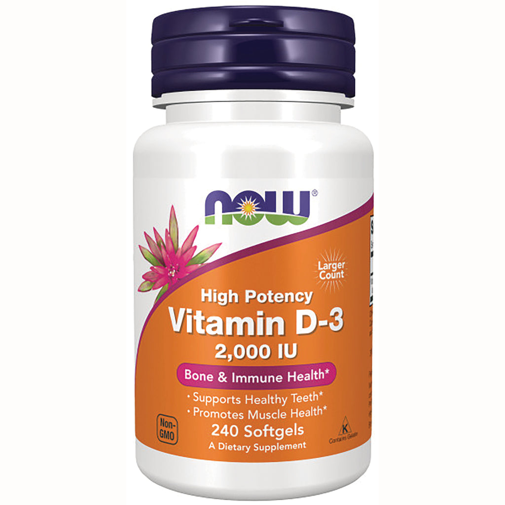 NWF643 | Now High Potency Vitamin D-3 2,000 IU white bottle with orange label, 240 softgels - Thumbnail
