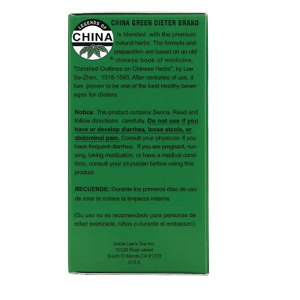 UL012 | Back panel of China Green Dieter Brand tea box with Legends of China logo and Senna warning text - Thumbnail