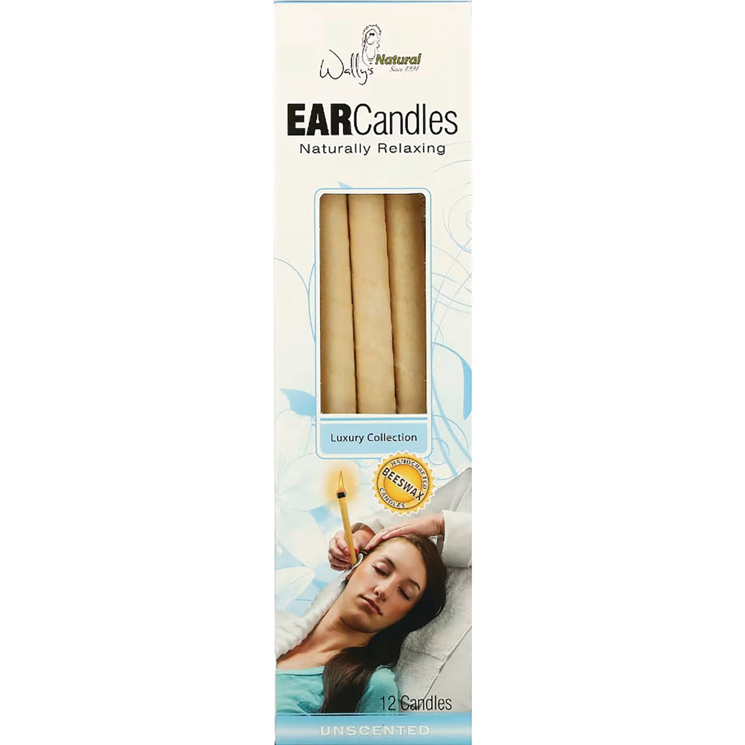 WLY002 | Wally's Natural Ear Candles box front, Luxury Collection, unscented, 12 candles, beeswax