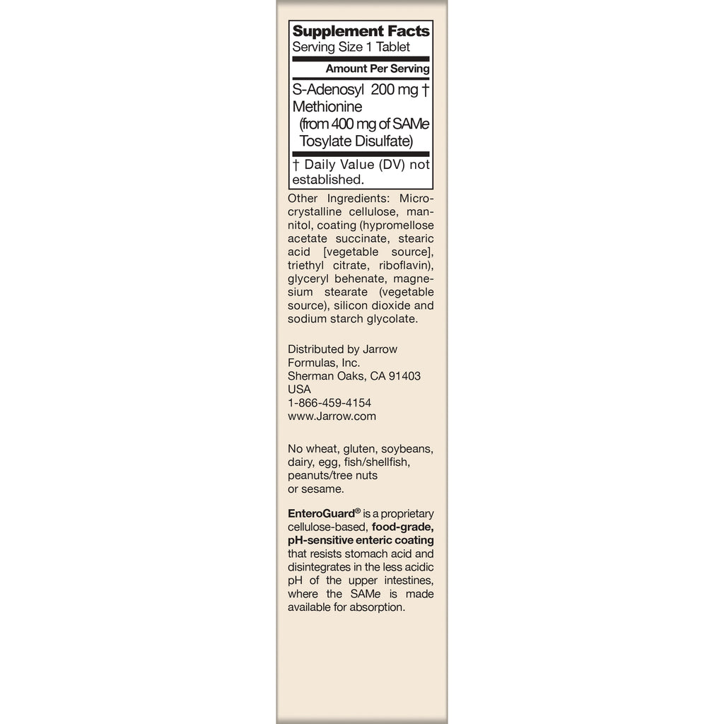 JR209 | supplement facts and ingredient list showing S-Adenosyl 200 mg, distributor info and allergen statements on back panel - Thumbnail