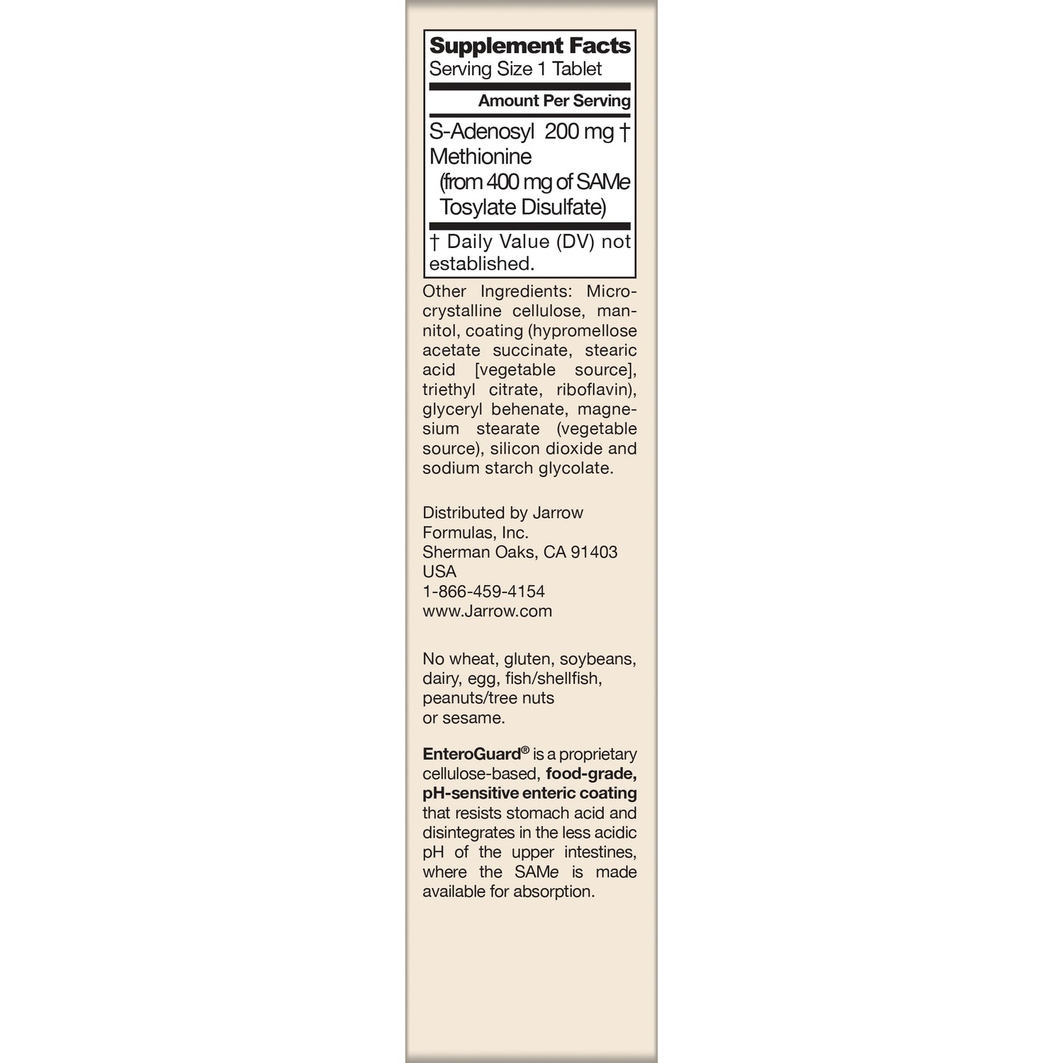JR209 | supplement facts and ingredient list showing S-Adenosyl 200 mg, distributor info and allergen statements on back panel