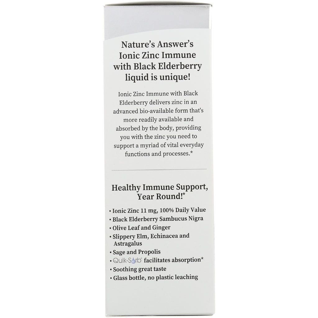 NAT409 | back panel of Nature's Answer Ionic Zinc Immune with Black Elderberry box showing product description and bullet ingredients - Thumbnail