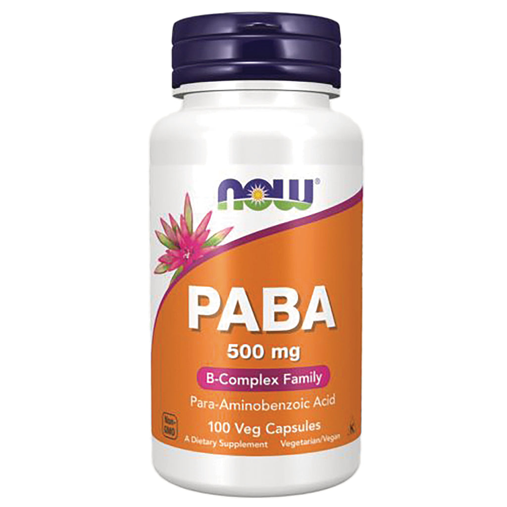 NWF843 | NOW PABA 500 mg supplement bottle with orange label, 100 veg capsules - Thumbnail