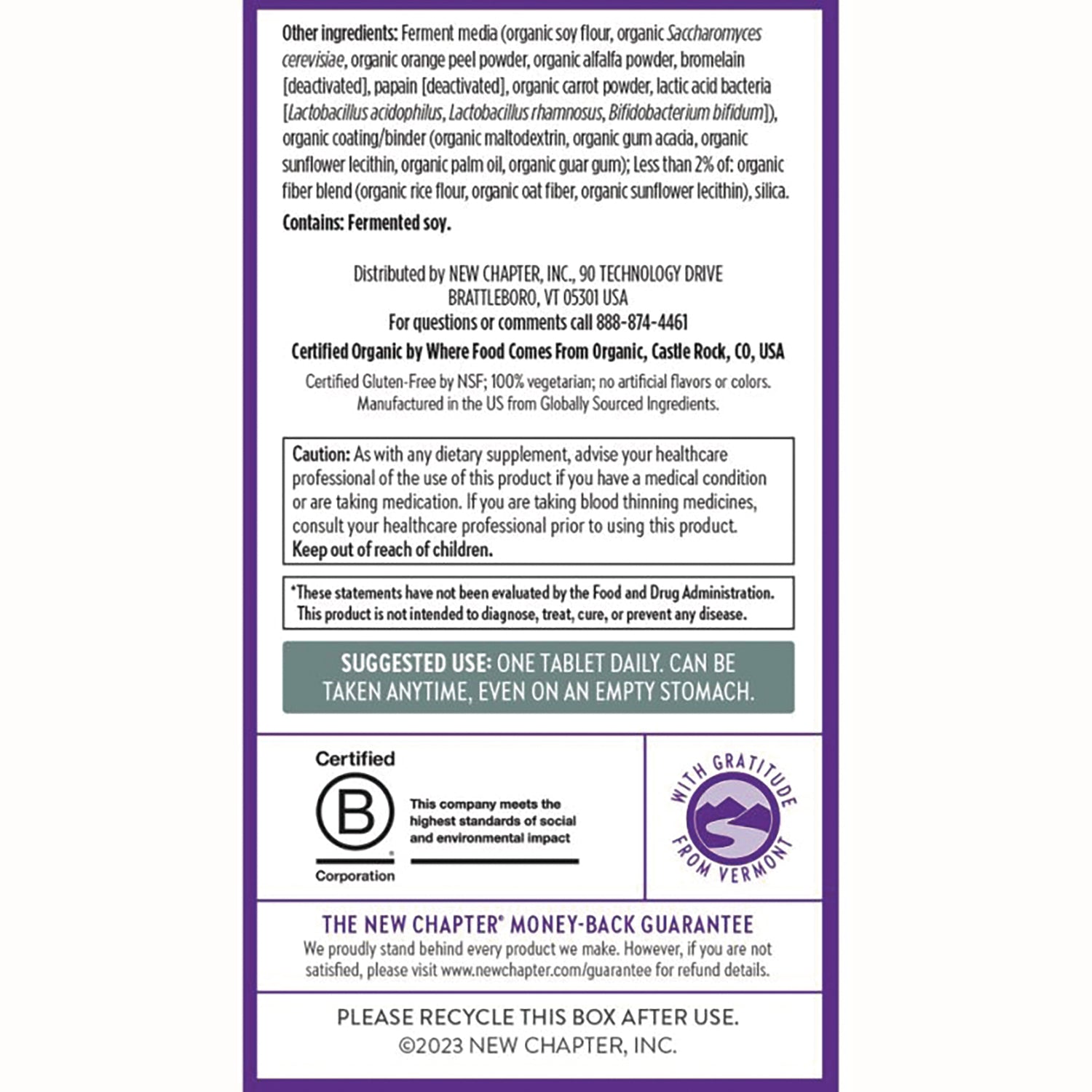 NWC319 | Back of supplement box showing ingredients, caution, suggested use, certifications and money-back guarantee