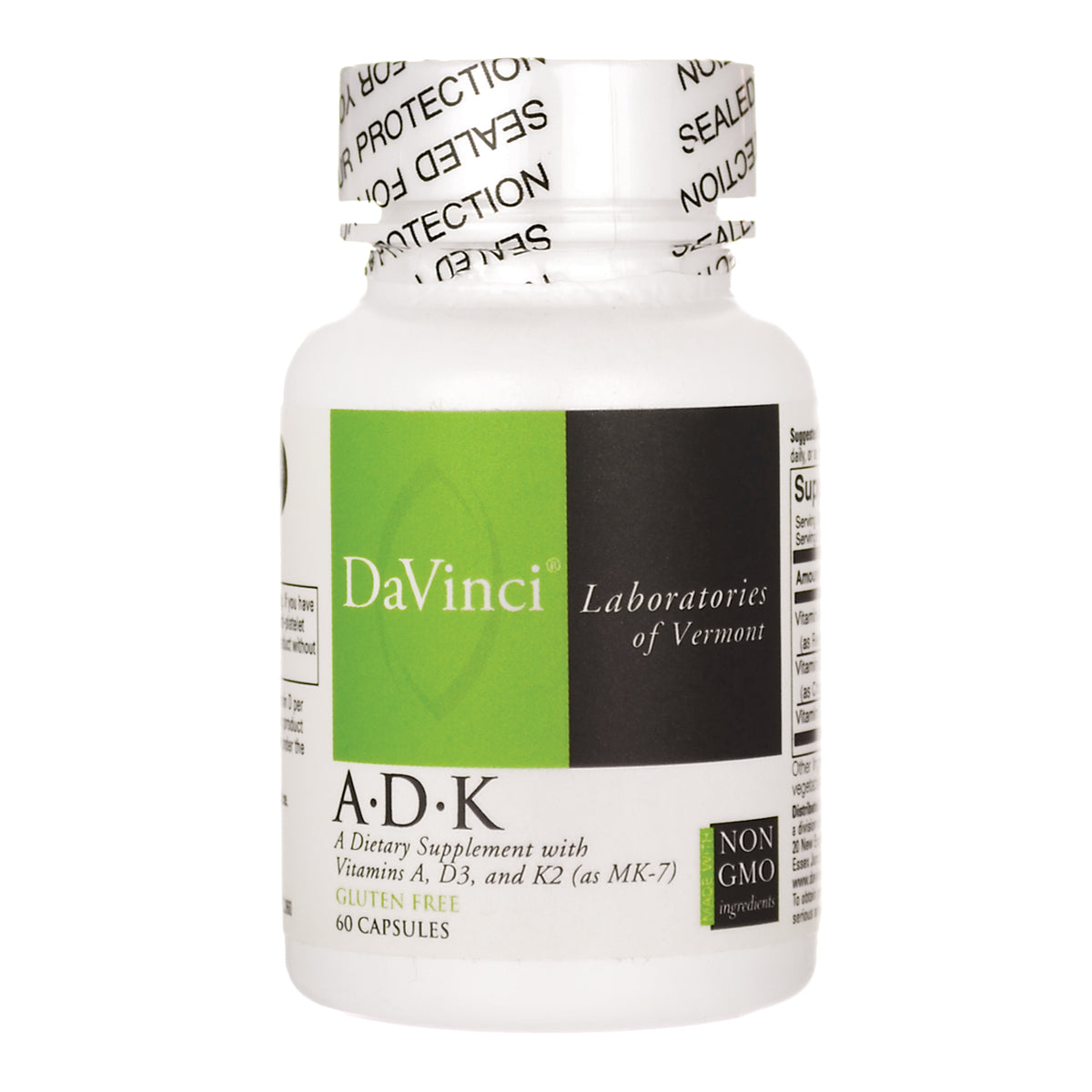 DVL012 | White bottle of DaVinci Laboratories ADK dietary supplement with green and black label, 60 capsules, Non GMO