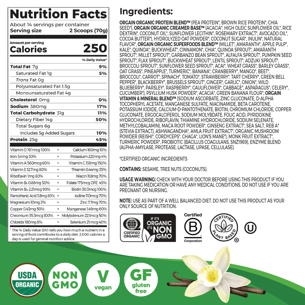 OGN009 | Back panel showing Nutrition Facts, ingredients list, usage warning, and organic/non-GMO and vegan icons - Thumbnail