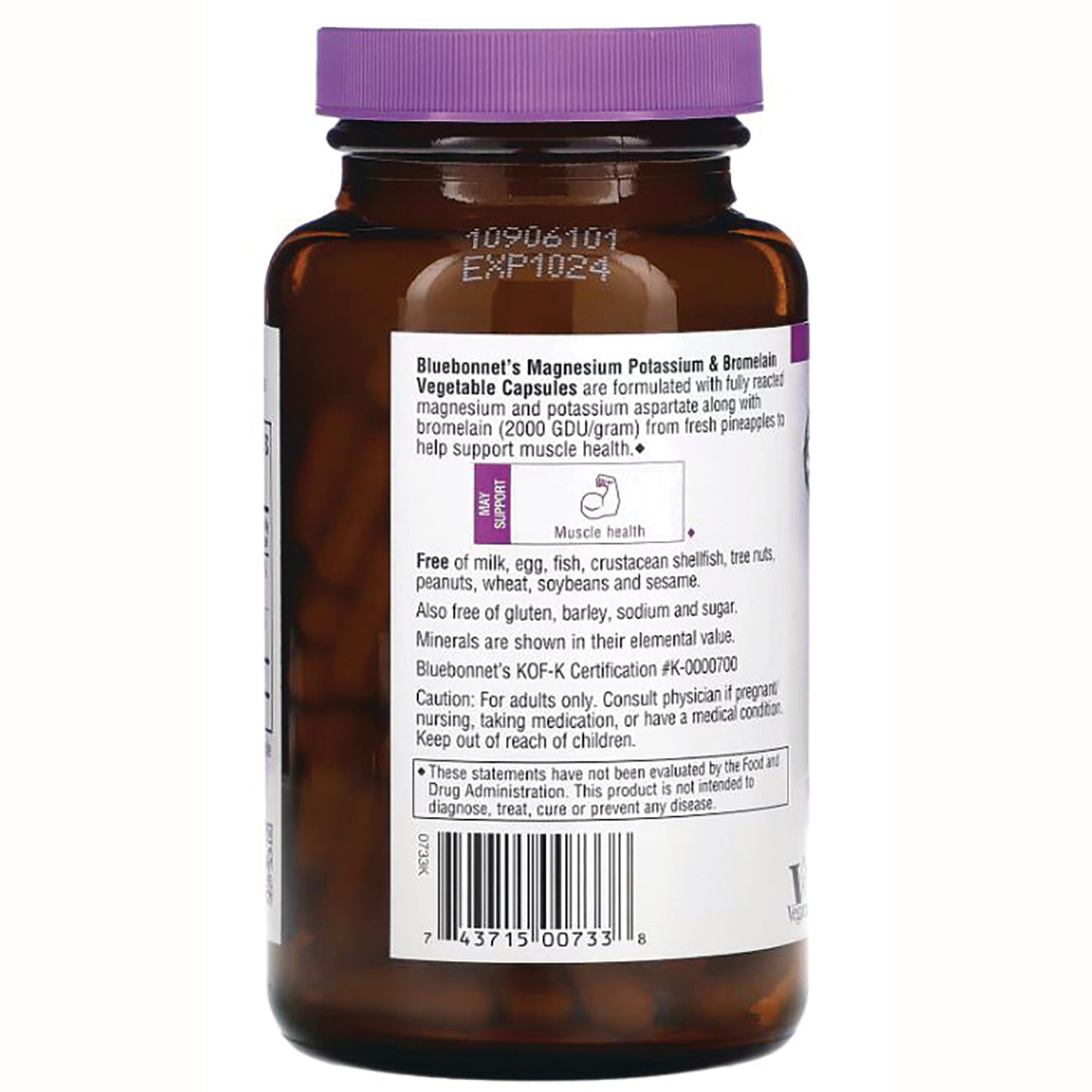 BLU100 | Back of amber supplement bottle with purple cap, white label showing ingredients, warnings and barcode