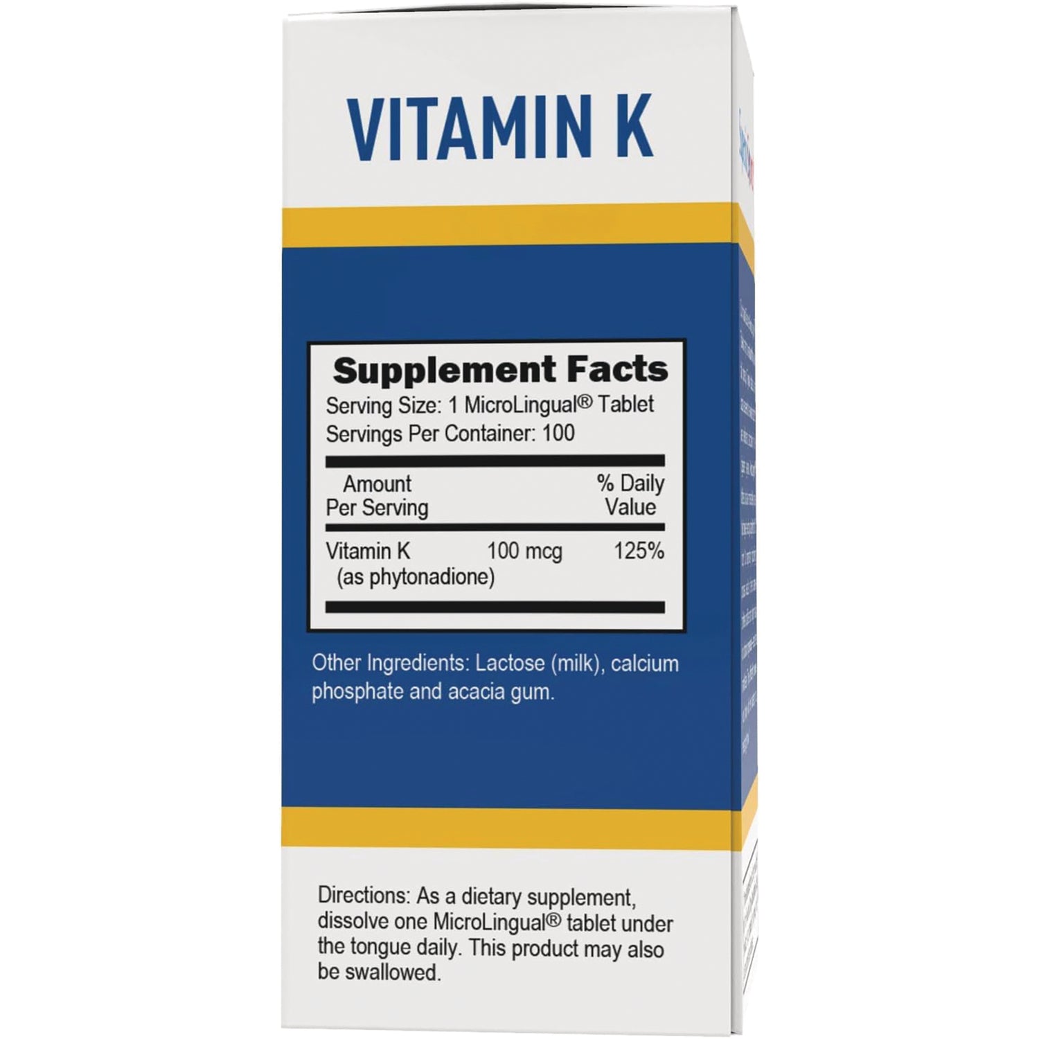 SUS019 | Vitamin K box back with Supplement Facts panel and directions