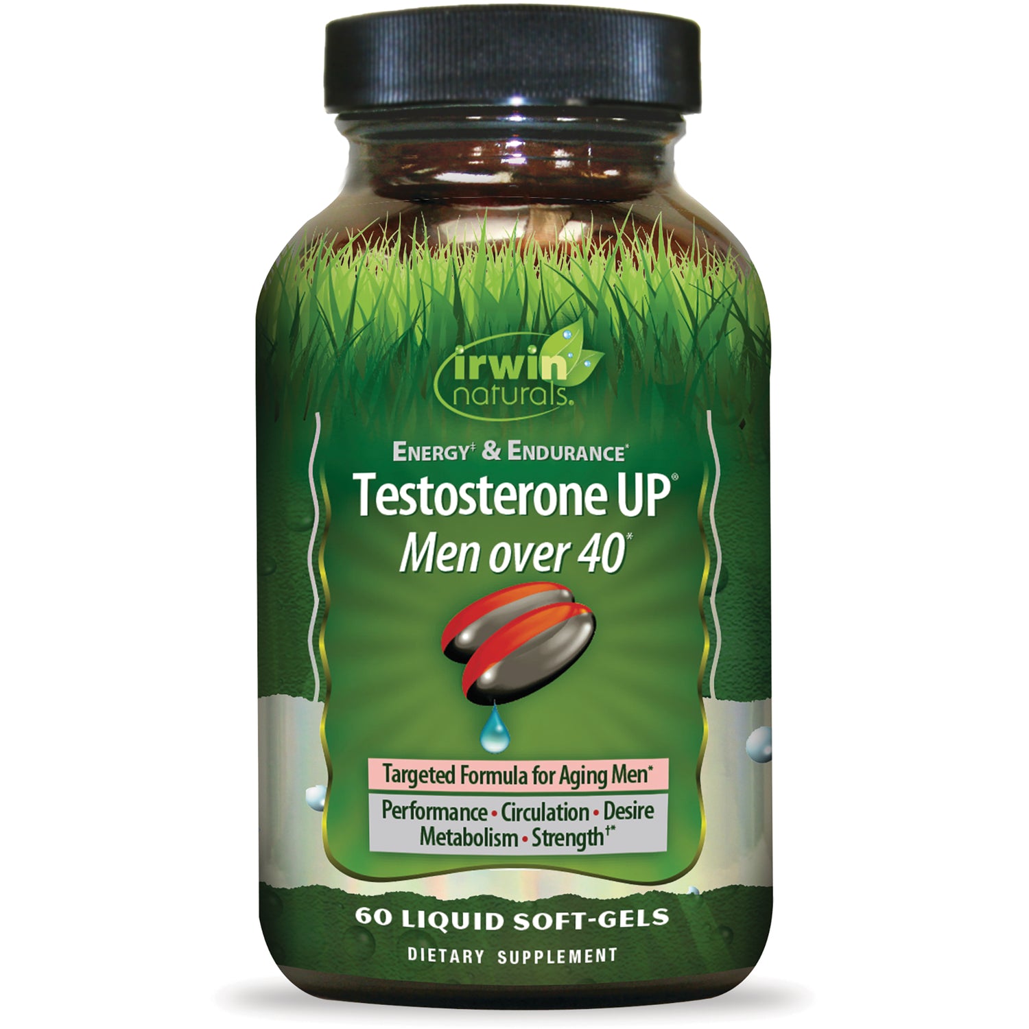 IR256 | Irwin Naturals Testosterone UP Men over 40 bottle showing label and 60 liquid soft-gels