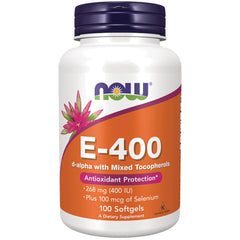 NWF1370 | White bottle of NOW E-400 vitamin E softgels with orange label reading E-400 and 100 Softgels
