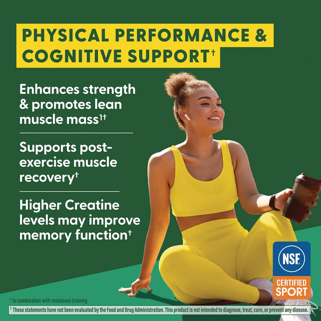 MGF148 | Infographic with woman in yellow activewear, text PHYSICAL PERFORMANCE & COGNITIVE SUPPORT and NSF Certified Sport badge - Thumbnail