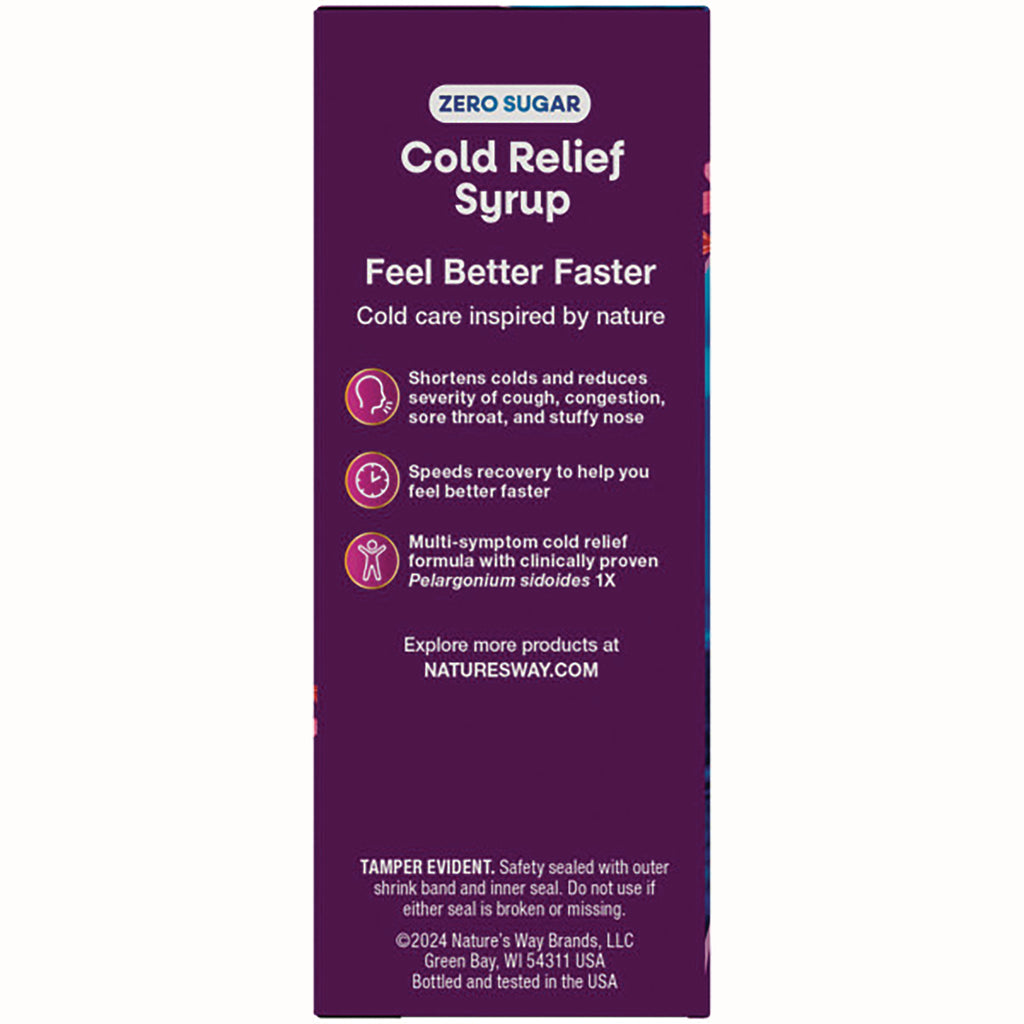 NW629 | ZERO SUGAR Cold Relief Syrup product infographic listing benefits and tamper evident notice - Thumbnail