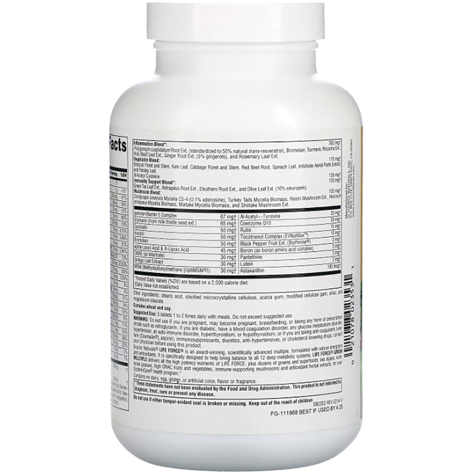 SN564 | Back label with Supplement Facts, ingredients, and directions on white bottle