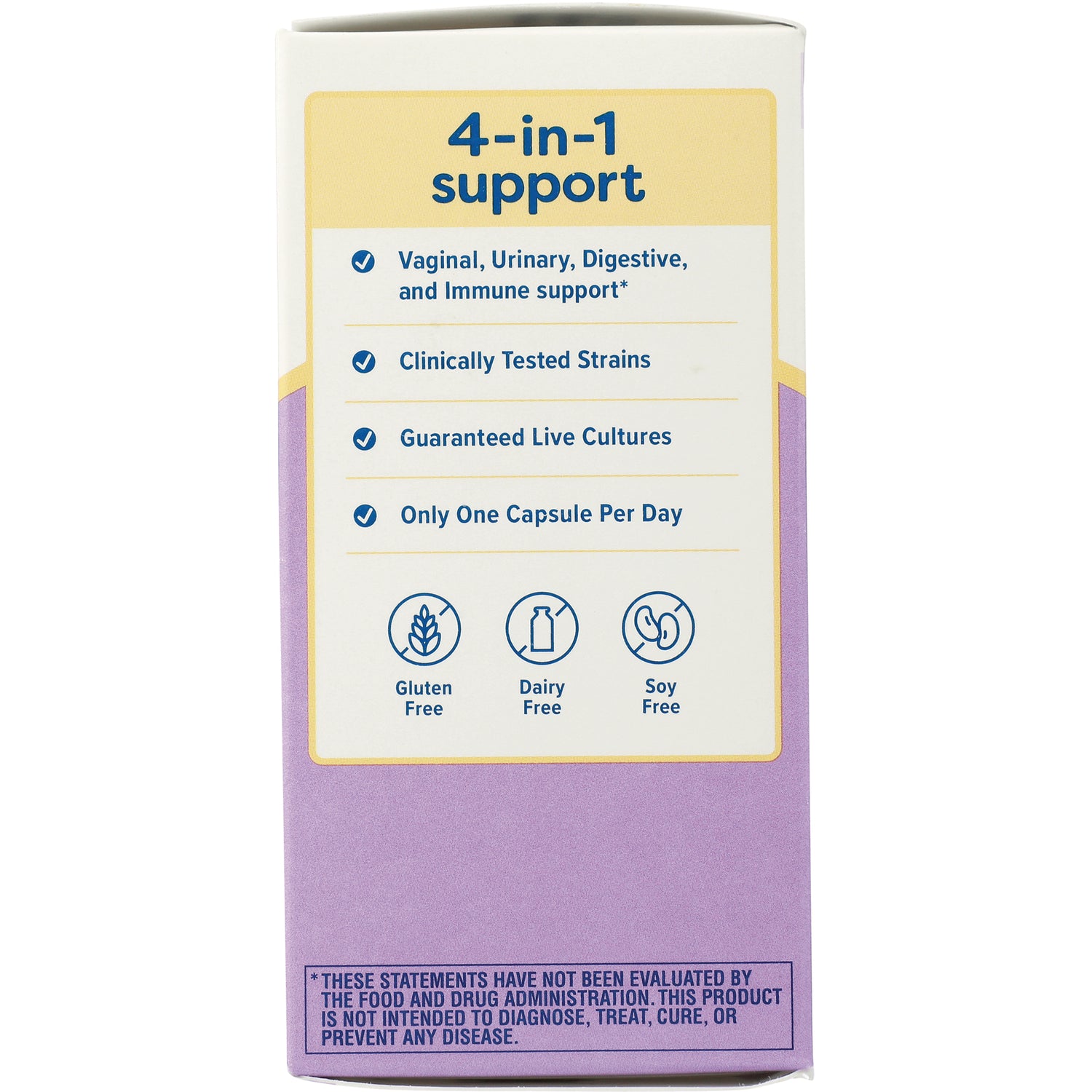 RNL234 | Box panel titled 4-in-1 support listing benefits, clinically tested strains, guaranteed live cultures, one capsule per day, gluten/dairy/soy free