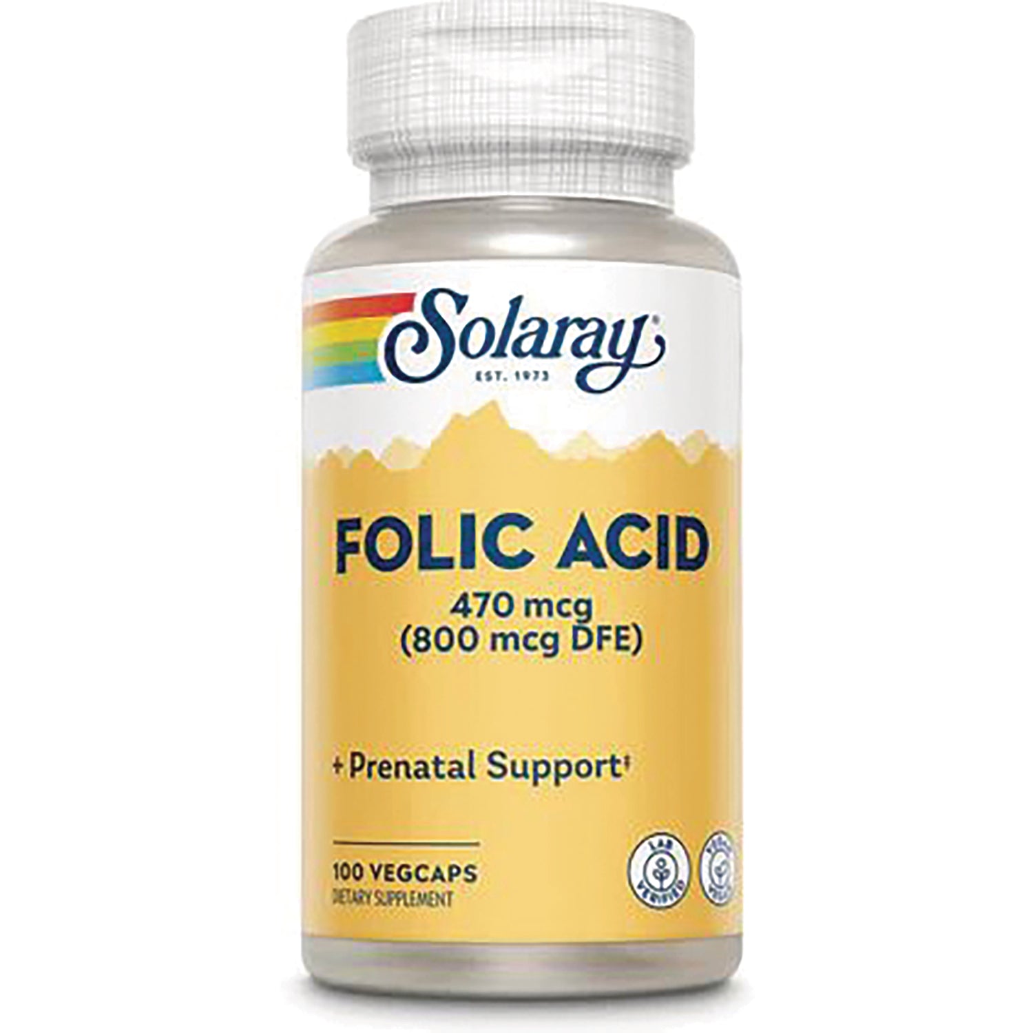 SLR349 | Solaray Folic Acid 470 mcg (800 mcg DFE) prenatal support bottle, 100 vegcaps